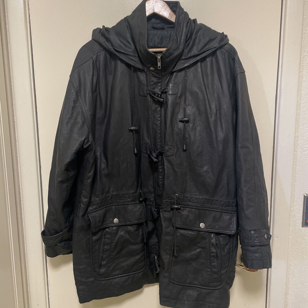 Wilsons Black Leather 3/4 Length Jacket Hood Men Sz S Oversized Work Coat Zip